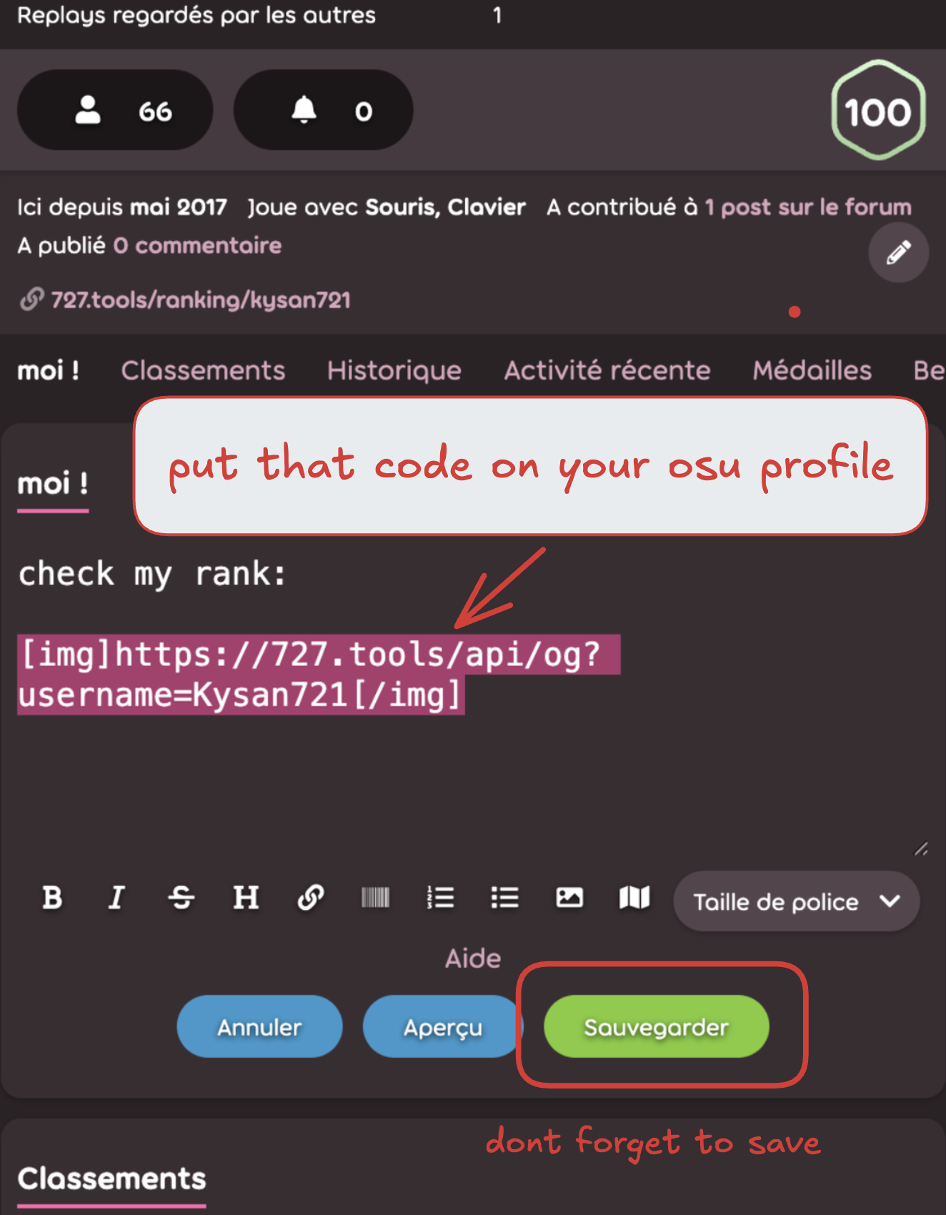 Screenshot showing where to paste the BBCode on osu! website
